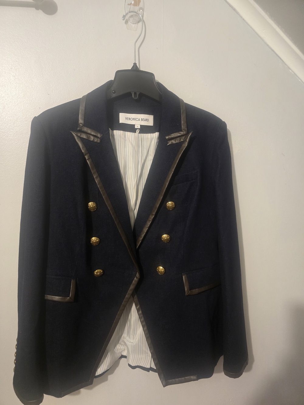 Veronica Beard Navy Double-Breasted Blazer with Brown Trim